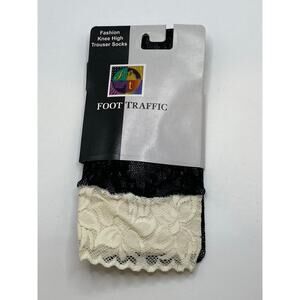 FOOT TRAFFIC Women's Black-Ivory Floral Lace Knee High Trouser Socks SZ OS